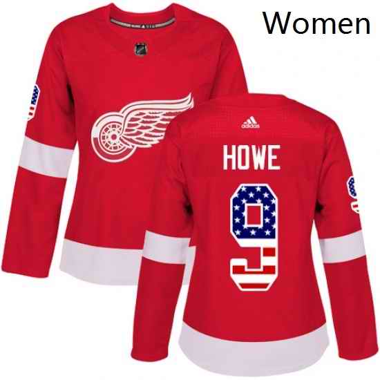Womens Adidas Detroit Red Wings 9 Gordie Howe Authentic Red USA Flag Fashion NHL Jersey